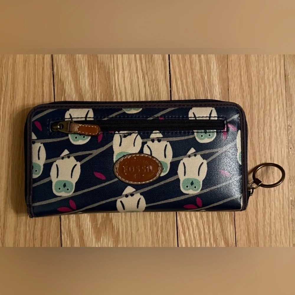Fossil Coated Canvas Navy Blue Owl Print Zipper Wallet